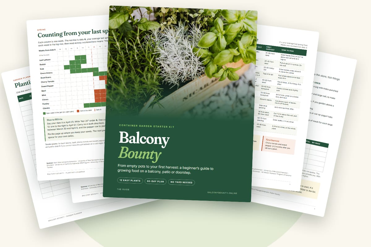 The six Balcony Bounty PDFs fanned out: the guide cover, the planting calendar, the quick reference card, the shopping list, the companion chart and the garden planner